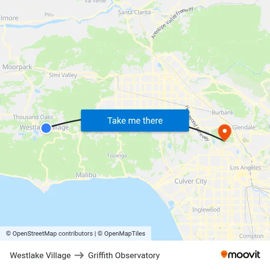 Westlake Village to Griffith Observatory map