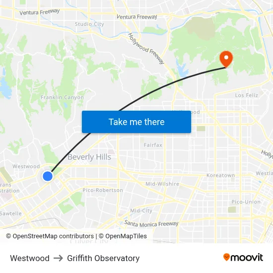 Westwood to Griffith Observatory map