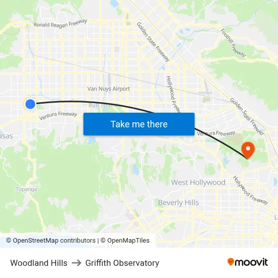 Woodland Hills to Griffith Observatory map