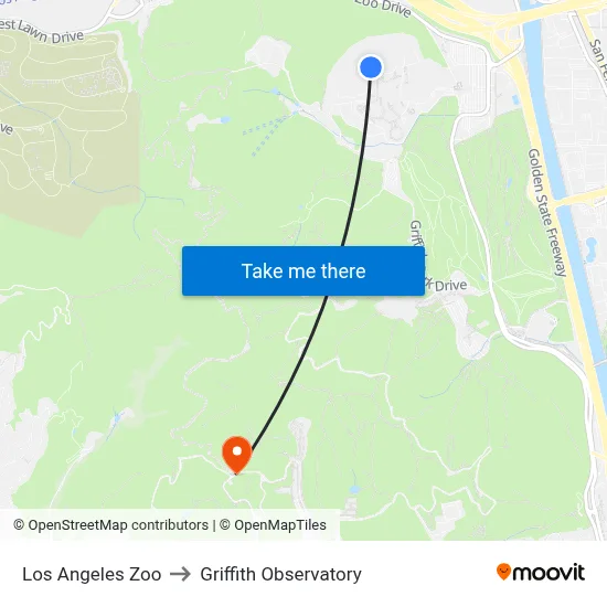Los Angeles Zoo to Griffith Observatory map