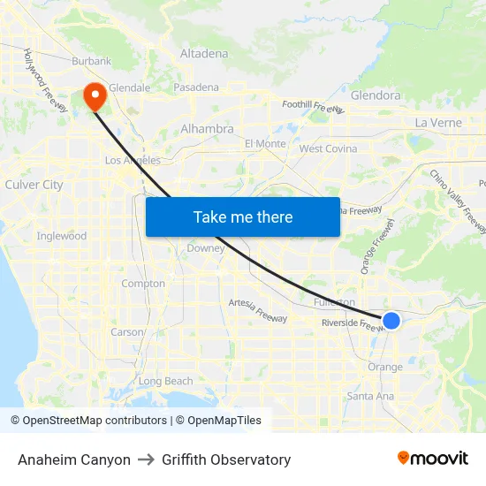 Anaheim Canyon to Griffith Observatory map