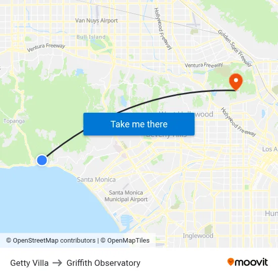 Getty Villa to Griffith Observatory map