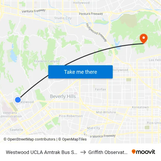 Westwood UCLA Amtrak Bus Stop to Griffith Observatory map
