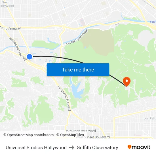 Universal Studios Hollywood to Griffith Observatory map
