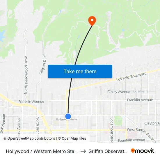 Hollywood / Western Metro Station to Griffith Observatory map