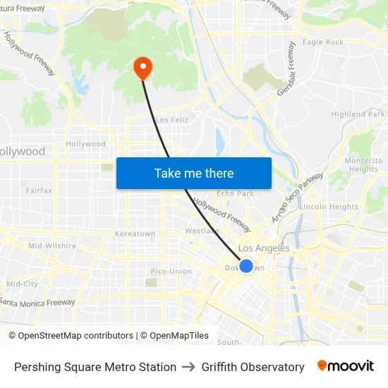 Pershing Square Metro Station to Griffith Observatory map