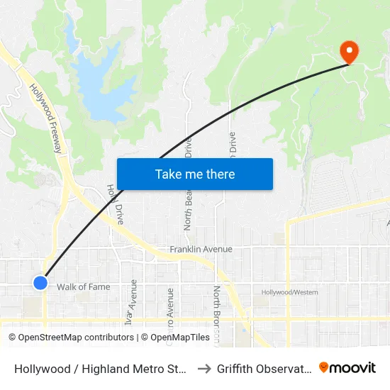 Hollywood / Highland Metro Station to Griffith Observatory map