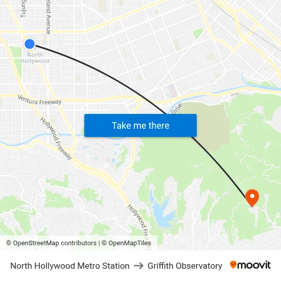 North Hollywood Metro Station to Griffith Observatory map