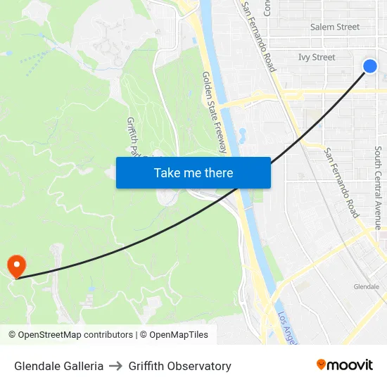 Glendale Galleria to Griffith Observatory map