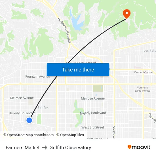 Farmers Market to Griffith Observatory map