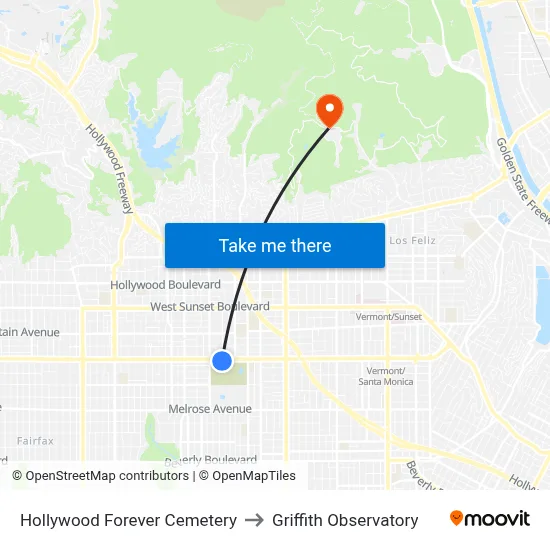Hollywood Forever Cemetery to Griffith Observatory map