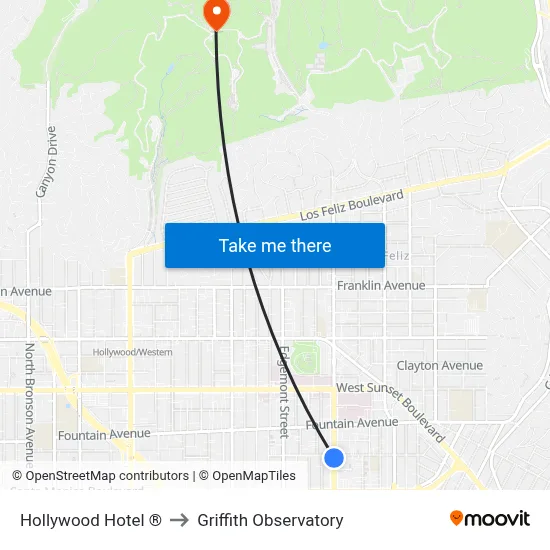 Hollywood Hotel ® to Griffith Observatory map
