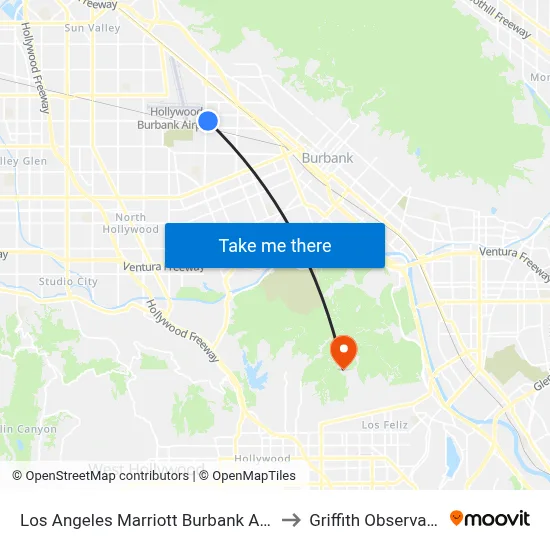 Los Angeles Marriott Burbank Airport to Griffith Observatory map