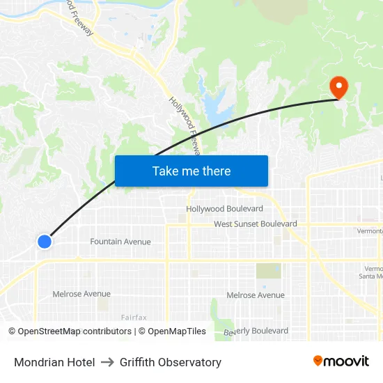 Mondrian Hotel to Griffith Observatory map