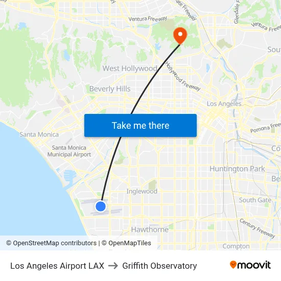 Los Angeles Airport LAX to Griffith Observatory map