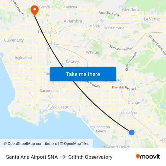 Santa Ana Airport SNA to Griffith Observatory map