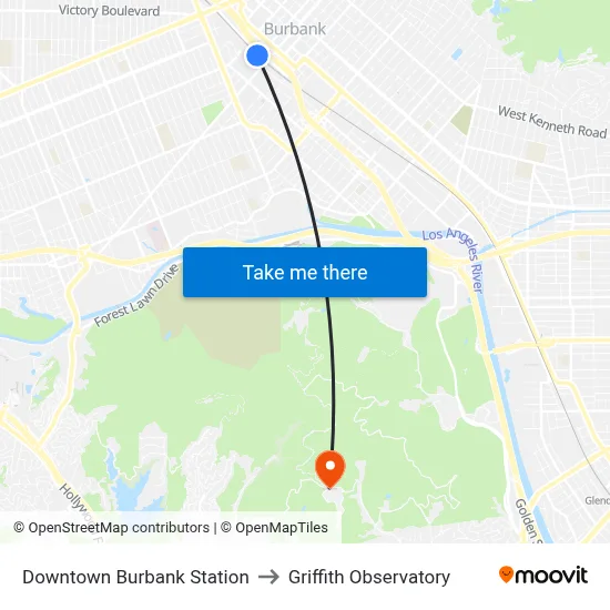 Downtown Burbank Station to Griffith Observatory map