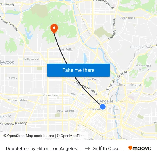 Doubletree by Hilton Los Angeles Downtown to Griffith Observatory map