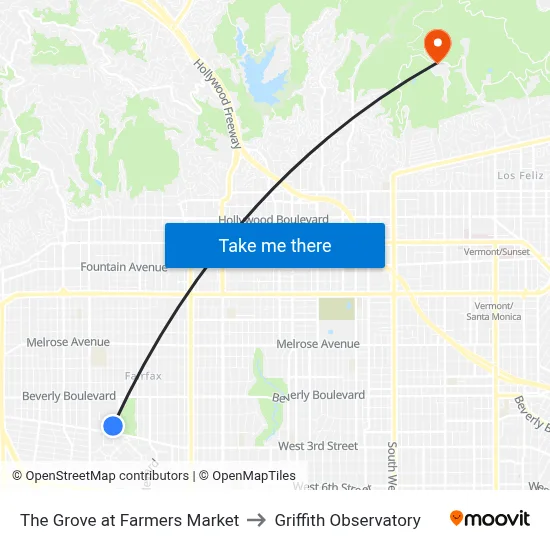 The Grove at Farmers Market to Griffith Observatory map