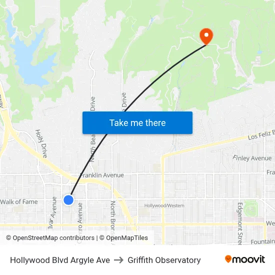 Hollywood Blvd Argyle Ave to Griffith Observatory map
