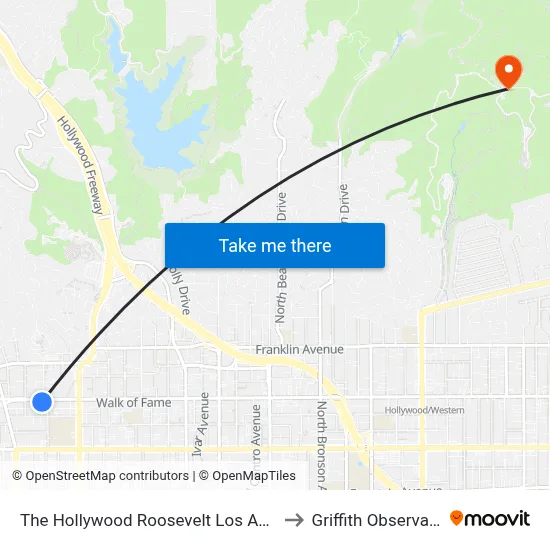The Hollywood Roosevelt Los Angeles to Griffith Observatory map
