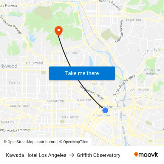 Kawada Hotel Los Angeles to Griffith Observatory map