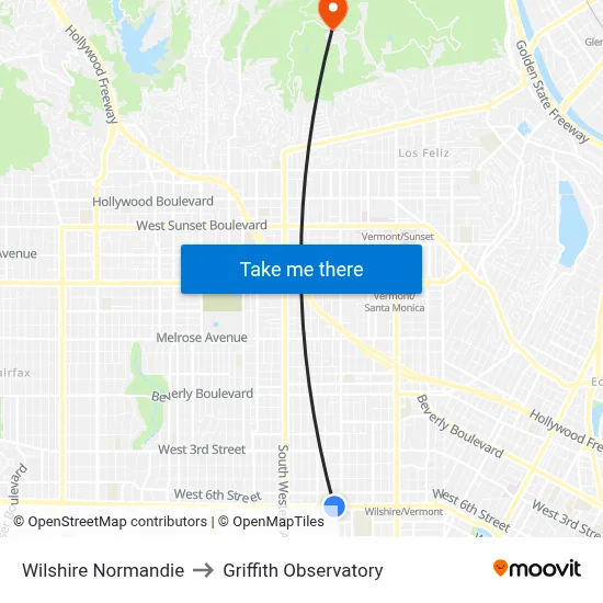 Wilshire Normandie to Griffith Observatory map