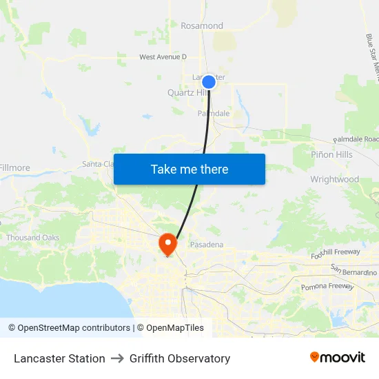 Lancaster Station to Griffith Observatory map