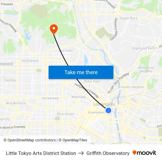 Little Tokyo Arts District Station to Griffith Observatory map