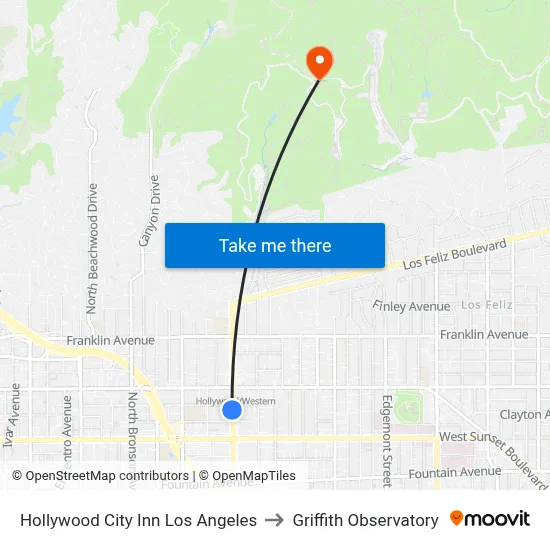 Hollywood City Inn Los Angeles to Griffith Observatory map