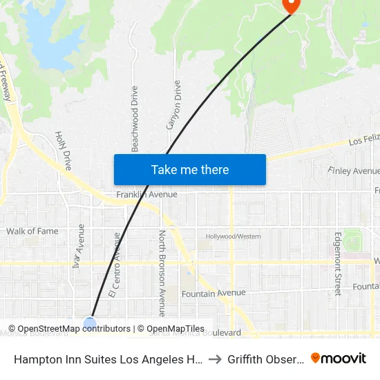 Hampton Inn Suites Los Angeles Hollywood CA to Griffith Observatory map