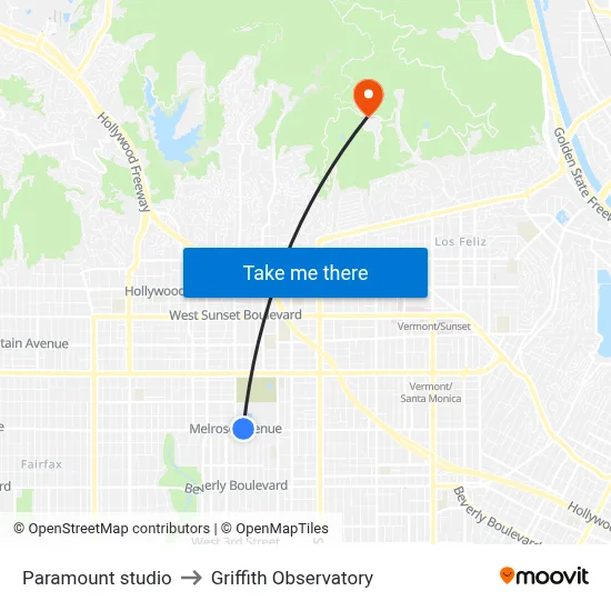 Paramount studio to Griffith Observatory map