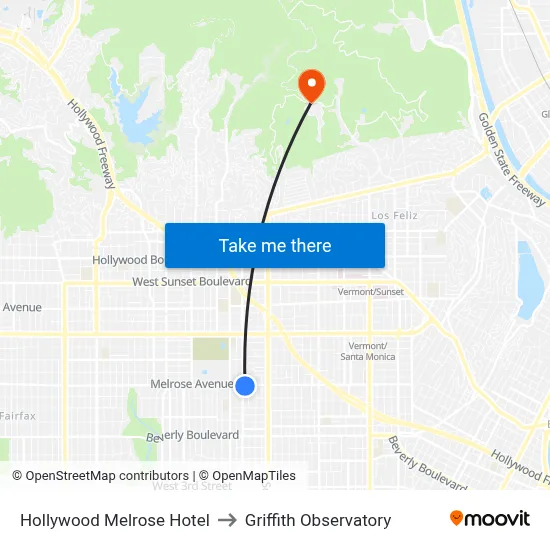 Hollywood Melrose Hotel to Griffith Observatory map