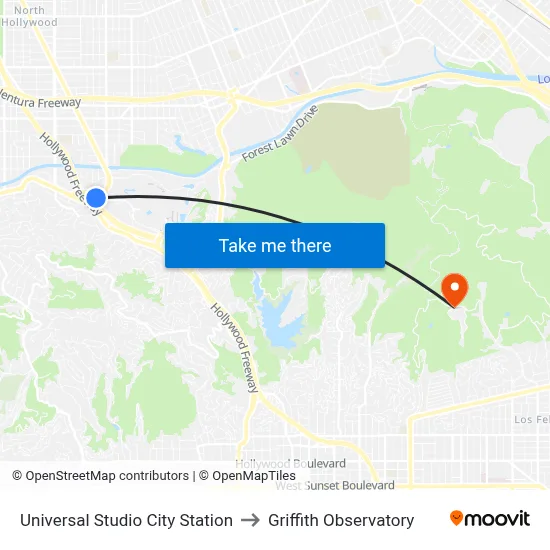 Universal Studio City Station to Griffith Observatory map