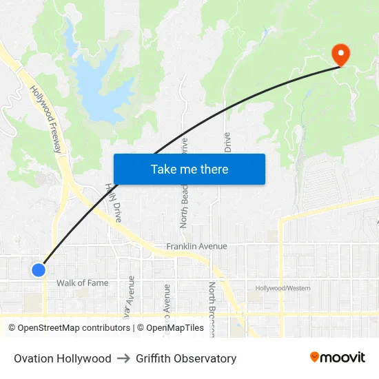 Ovation Hollywood to Griffith Observatory map
