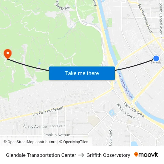 Glendale Transportation Center to Griffith Observatory map