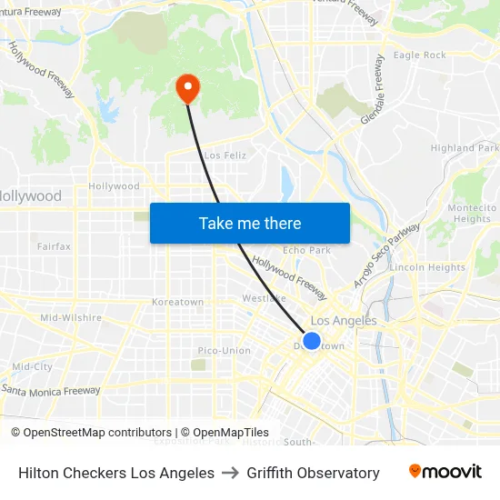 Hilton Checkers Los Angeles to Griffith Observatory map
