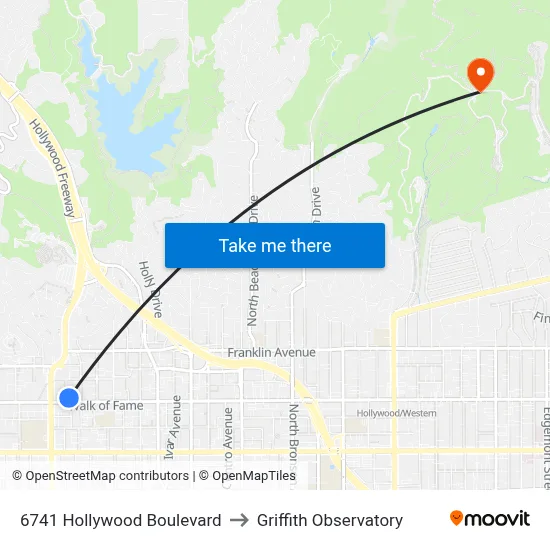 6741 Hollywood Boulevard to Griffith Observatory map