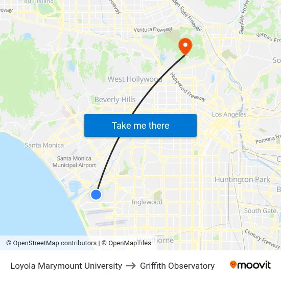Loyola Marymount University to Griffith Observatory map