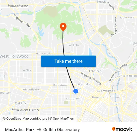 MacArthur Park to Griffith Observatory map
