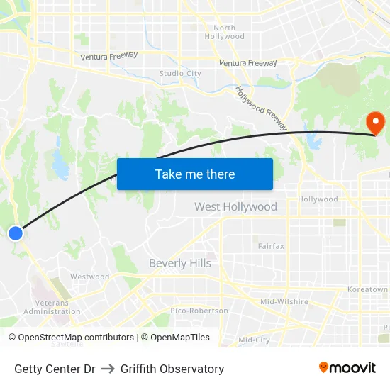 Getty Center Dr to Griffith Observatory map
