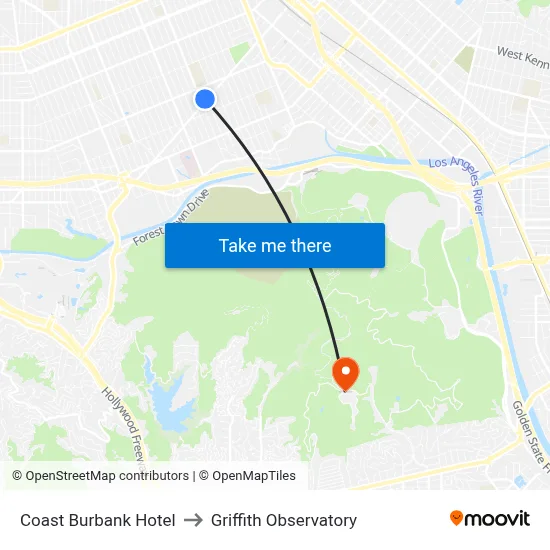 Coast Burbank Hotel to Griffith Observatory map