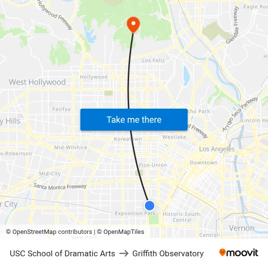 USC School of Dramatic Arts to Griffith Observatory map