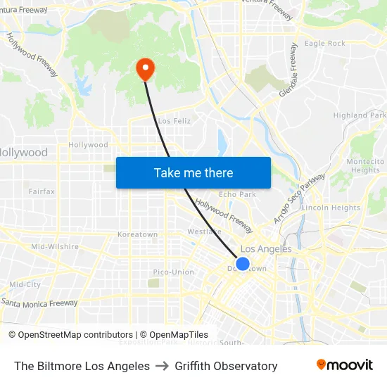 The Biltmore Los Angeles to Griffith Observatory map