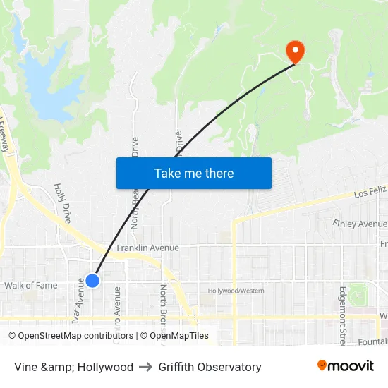 Vine &amp; Hollywood to Griffith Observatory map