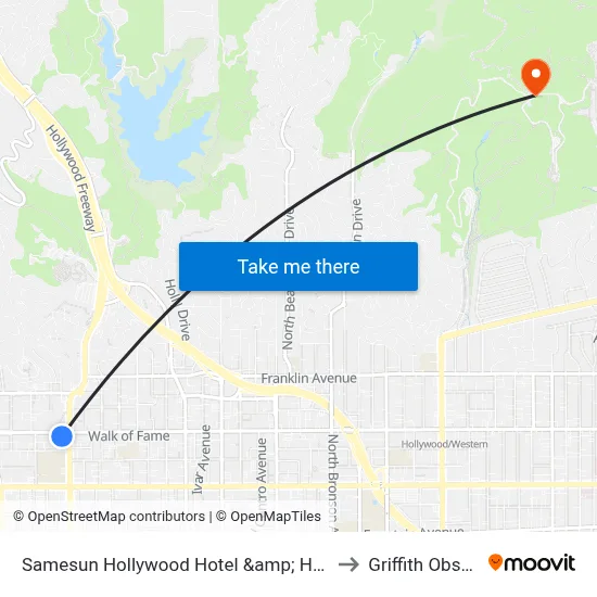 Samesun Hollywood Hotel &amp; Hostel, Los Angeles to Griffith Observatory map