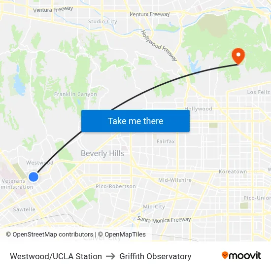 Westwood/UCLA Station to Griffith Observatory map