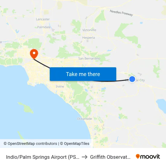 Indio/Palm Springs Airport (PSP) to Griffith Observatory map