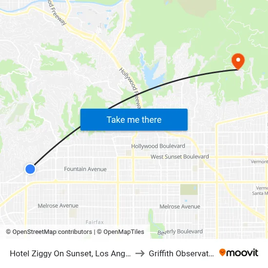 Hotel Ziggy On Sunset, Los Angeles to Griffith Observatory map
