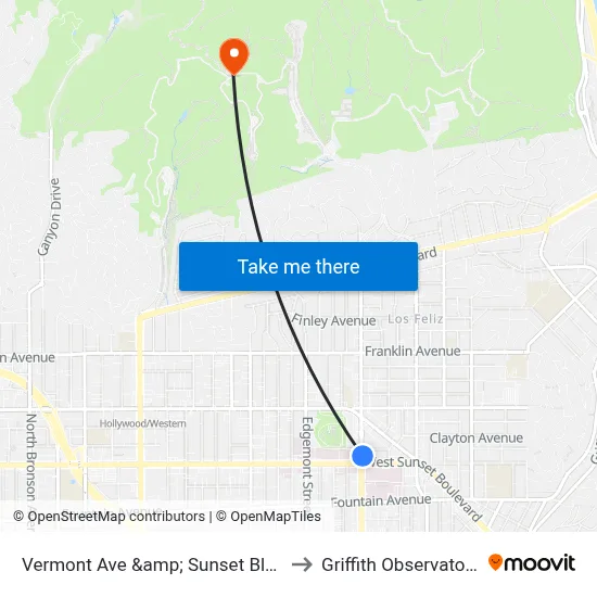 Vermont Ave &amp; Sunset Blvd to Griffith Observatory map